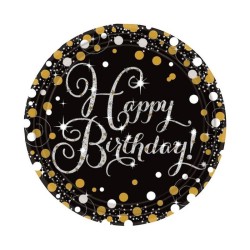 Plato pastelero de cartón Negro Happy Birthday (6 piezas)