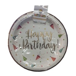Plato pastelero de cartón Blanco Happy Birthday (6 piezas)